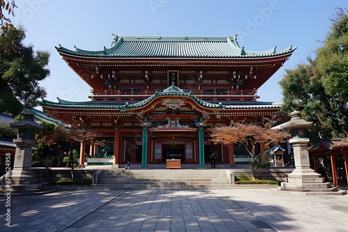 Traditional Japanese Temple Architecture With Red And Green Colors