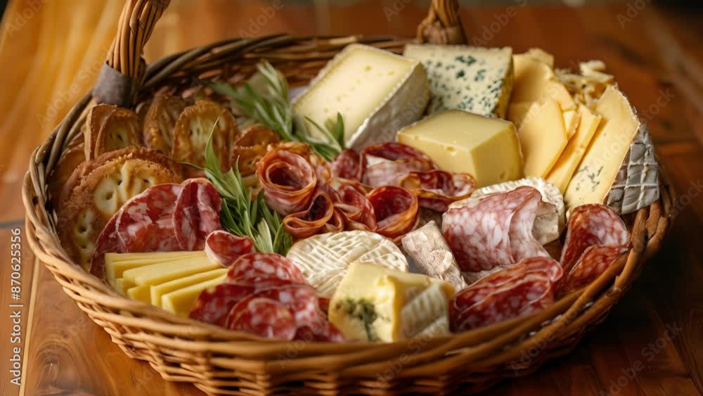 A basket overflowing with an assortment of cheeses and cured meats all locally sourced and bursting with flavor. A basket overflowing with an assortment of cheeses and cured meats all locally sourced and bursting with flavor.