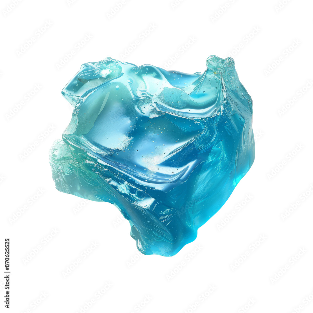 Fototapeta premium Abstract close-up of a translucent blue gel blob with a smooth, glossy surface on a white background, ideal for textures or backgrounds.