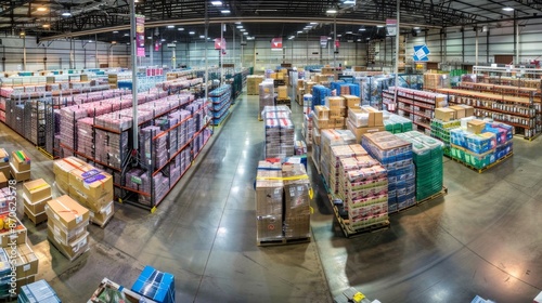 A panoramic view inside a bustling distribution center, aisles filled with assorted merchandise and supplies, conveying complexity and efficiency of contemporary logistics