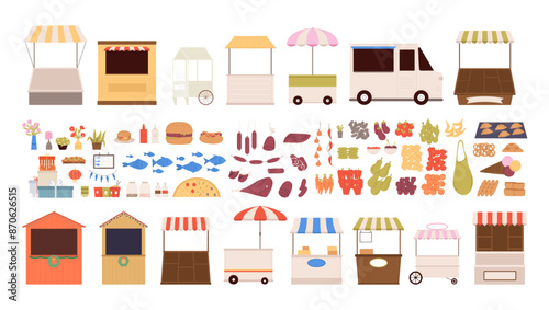 Market stalls. Fresh food fish meat products flowers vegetables and fruits. Christmas fair elements, gift boxes burger hot dog, flat farm stands vector big set