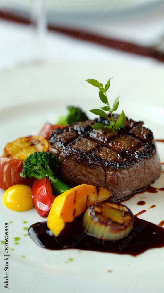 Grilled steak with vegetables on a white plate, gourmet dining concept Grilled steak with vegetables on a white plate, gourmet dining concept