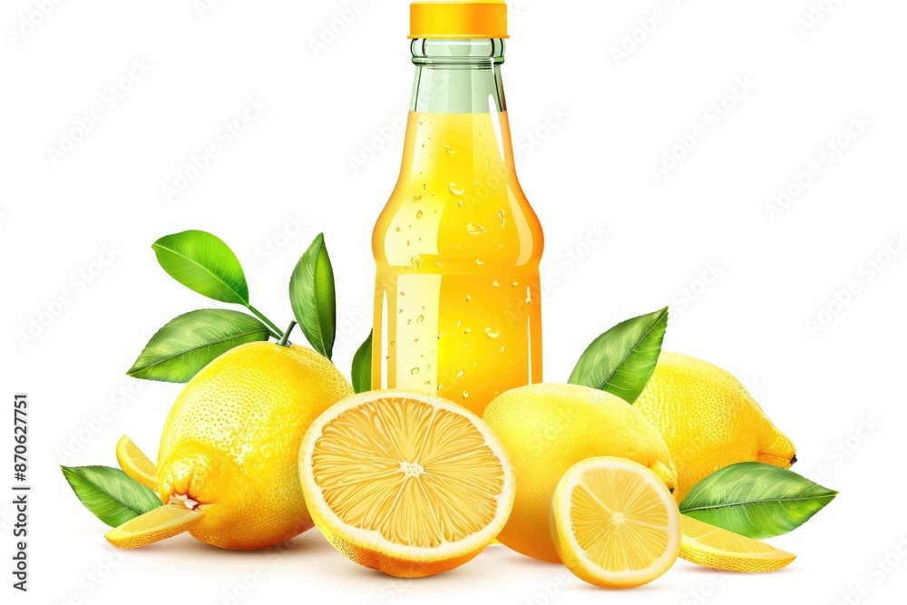 Fresh lemonade bottle with ripe citrus fruits. Isolated on white background Fresh lemonade bottle with ripe citrus fruits. Isolated on white background