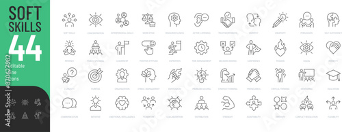 Soft Skills Line Editable Icons set. Vector illustration in modern thin line style of personal qualities related icons: empathy, enthusiasm, confidence, and more. Pictograms and infographics for mobil
