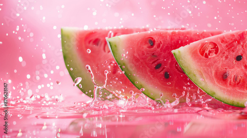 Fresh watermelon on pink background with water splashes, fresh juicy summer fruit photo