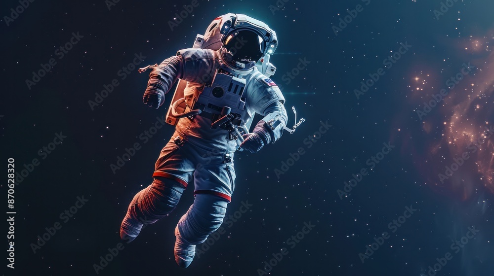 An astronaut, their spacesuit illuminated by the soft glow of a distant star, floats weightlessly in the zero gravity of space, their body suspended in a mesmerizing dance. An astronaut, their spacesuit illuminated by the soft glow of a distant star, floats weightlessly in the zero gravity of space, their body suspended in a mesmerizing dance.