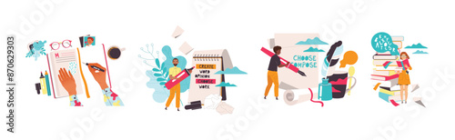 People Characters Working with Text Typewriting Vector Set
