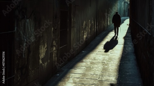 Dramatic shadows of a person walking down a dimly lit alleyway.