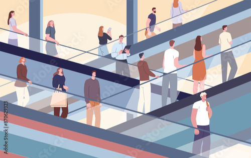 People on escalators. Men women move up and down on moving staircase in shopping mall, office center airport or subway. Public space kicky vector scene