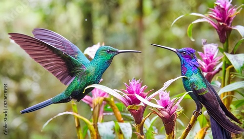 two sparkling violetear hummingbirds amazilia tzacatl hovering next to flower feeding on nectar cloud forest ecuador photo