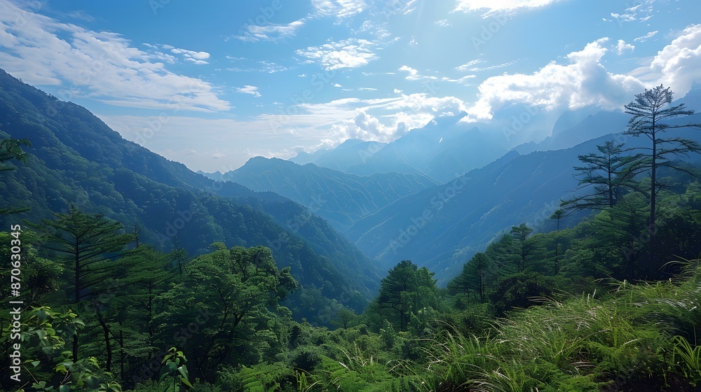 Obraz premium Panoramic view of the majestic mountains and lush green forests