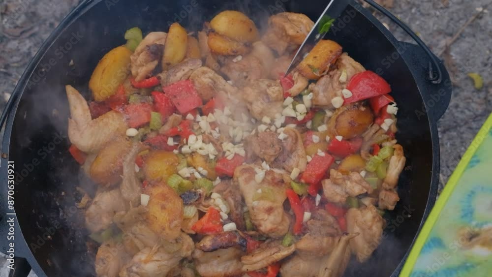 A dish on a fire in a cauldron. The meat is stewed in a cauldron. Chicken meat is stewed in a cauldron. Stewing meat in a cauldron A dish on a fire in a cauldron. The meat is stewed in a cauldron. Chicken meat is stewed in a cauldron. Stewing meat in a cauldron