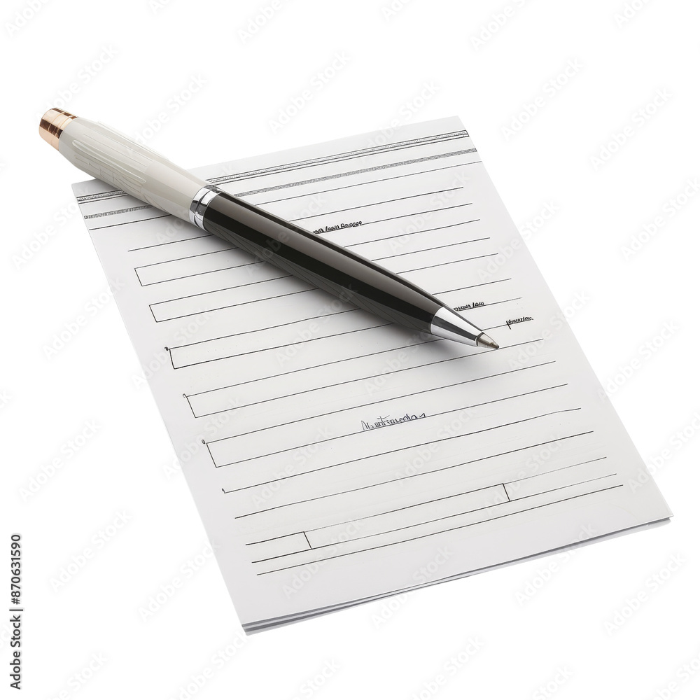 Pen resting on a notepad with blank forms, representing writing, office work, or business tasks. Idea for productivity or office themes. Pen resting on a notepad with blank forms, representing writing, office work, or business tasks. Idea for productivity or office themes.