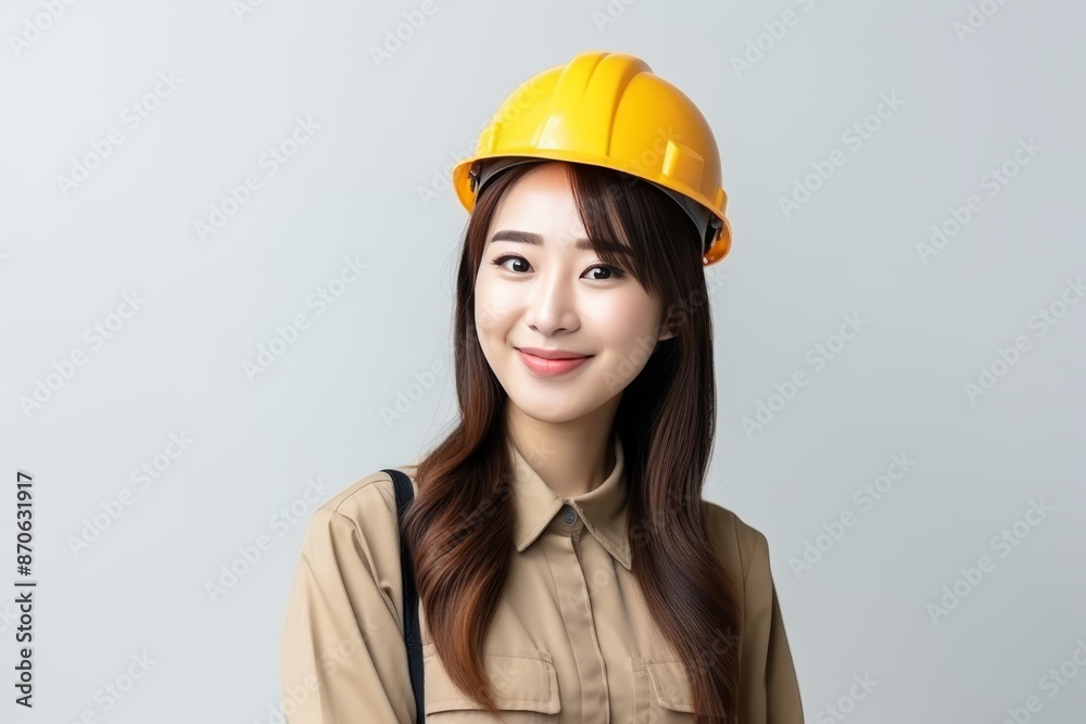 Female construction worker in helmet showing urban construction site on white background Female construction worker in helmet showing urban construction site on white background