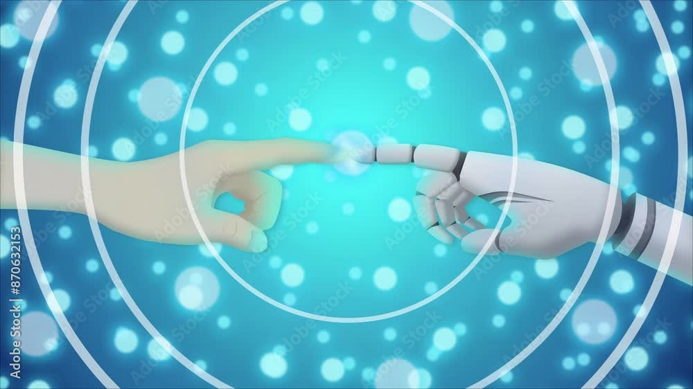 Une personne touche le doigt d'un robot d'intelligence artificiel sur un fond technologique bleu