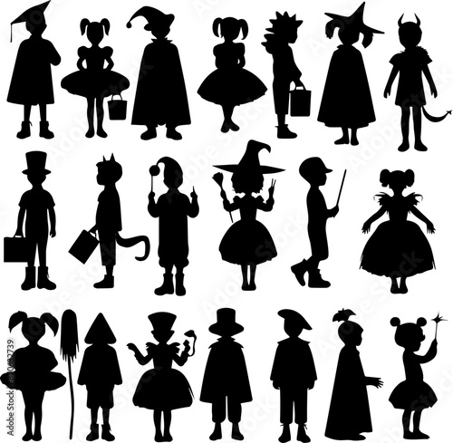 set of silhouettes of children in costumes on the Halloween stage