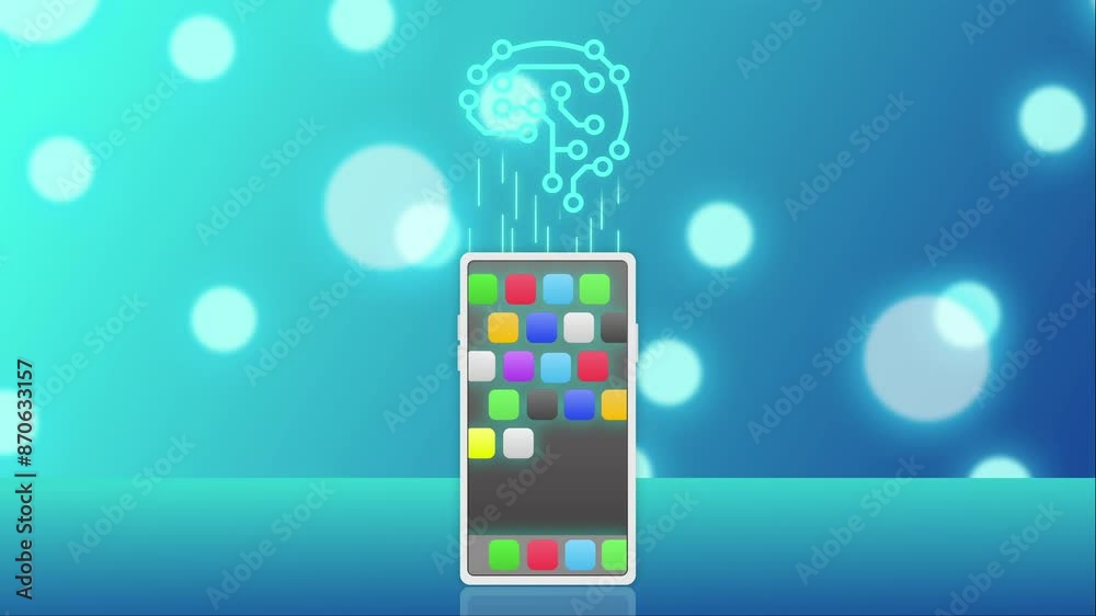Un cerveau technologique représentant l'Intelligence artificiel sur un fond bleu numérique transfert des données à un smartphone