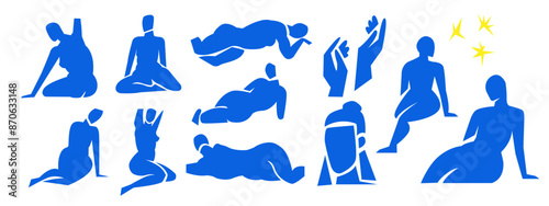 Cut out women set,contemporary pose silhouettes,hand drawn blue people body figures.Flat fashion modern art collage,applique trendy poster,Mid century print home design.Isolated.Vector