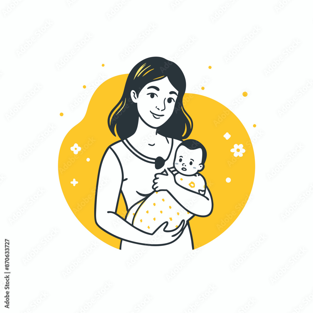 A colorful flat illustration of a women holding an baby A colorful flat illustration of a women holding an baby