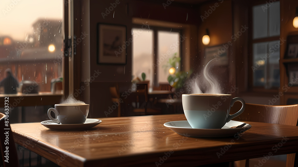 Illustration of a cozy coffee shop scene where a steaming cup of coffee is the focal point, surrounded by warm lighting, wooden furniture, and a rainy day visible through the window Illustration of a cozy coffee shop scene where a steaming cup of coffee is the focal point, surrounded by warm lighting, wooden furniture, and a rainy day visible through the window