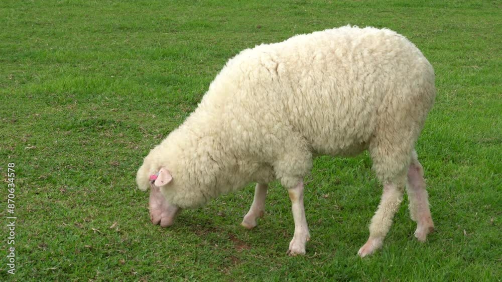 Farm animal Merino sheep walking, resting, eating grass freely in farmland Farm animal Merino sheep walking, resting, eating grass freely in farmland