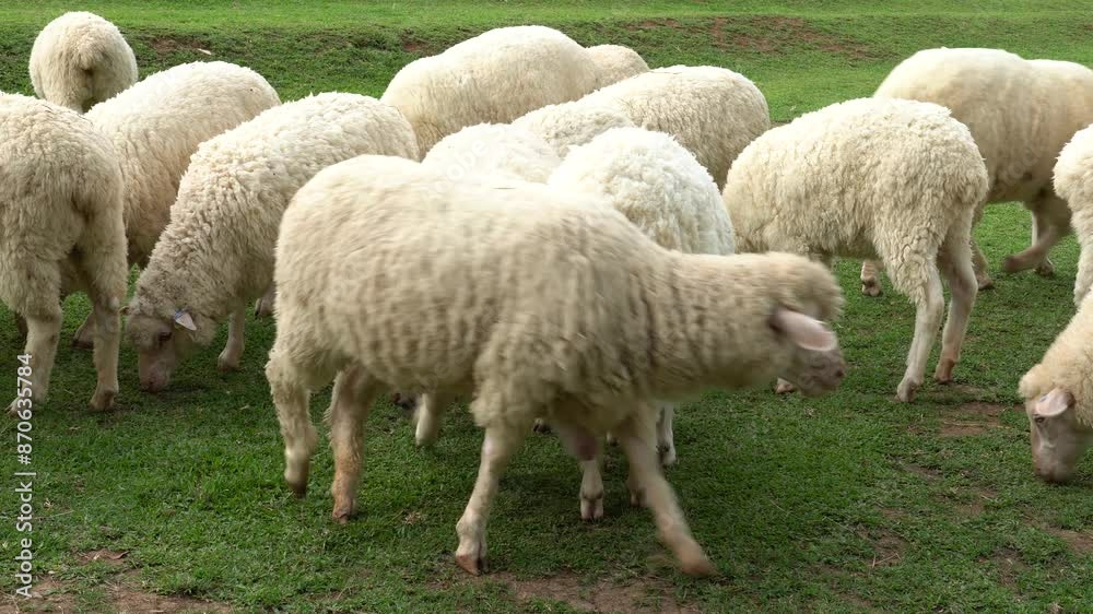 Farm animal Merino sheep walking, resting, eating grass freely in farmland Farm animal Merino sheep walking, resting, eating grass freely in farmland