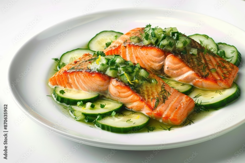 Poached Salmon with Cucumber Sauce on White Plate Poached Salmon with Cucumber Sauce on White Plate