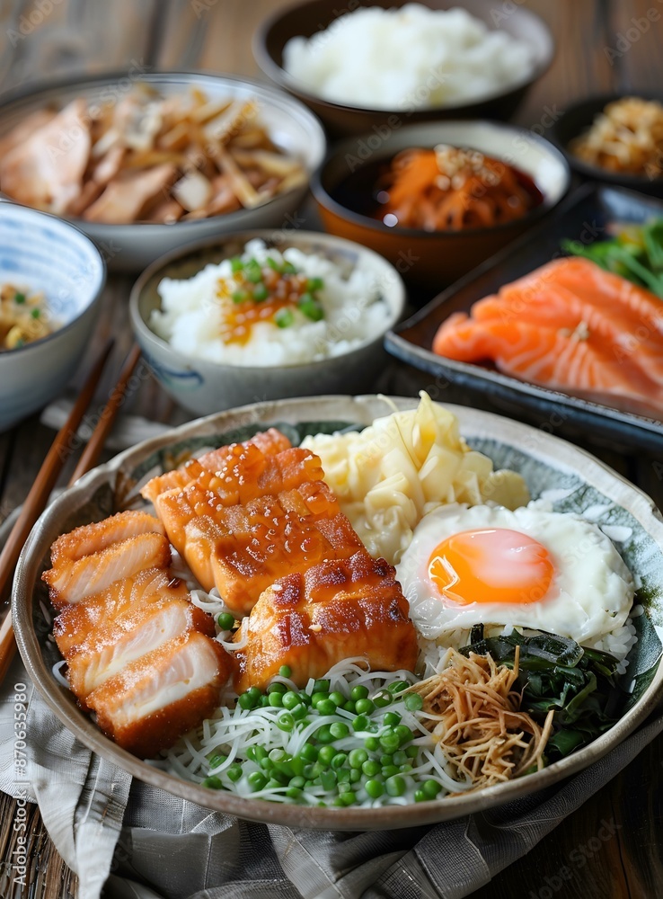 A delicious and healthy Japanese meal with rice, salmon, and vegetables A delicious and healthy Japanese meal with rice, salmon, and vegetables
