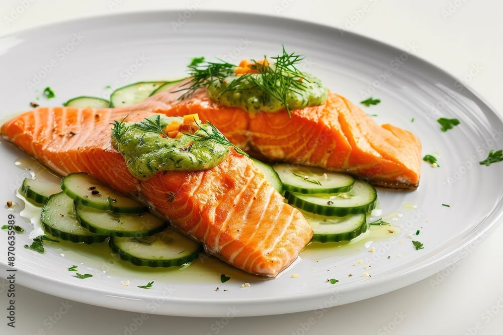 Elegant White Plate with Succulent Poached Salmon and Cucumber Sauce Elegant White Plate with Succulent Poached Salmon and Cucumber Sauce