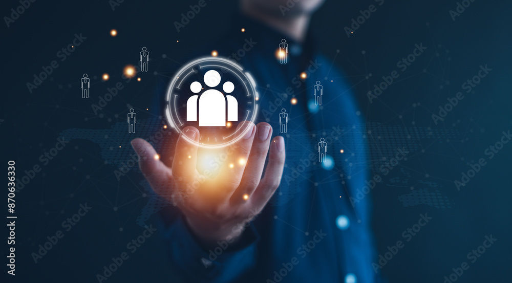 Fototapeta premium Customer Relationship Management, global structure customer network technology, social media, digital marketing online, Data exchanges development, customer service.