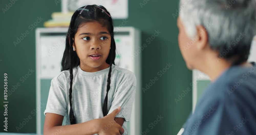 Woman, doctor and consulting child with check up for infection, arm pain or inflammation at clinic. Senior specialist, pediatrician and little girl in medical for exam, virus or physical diagnosis Woman, doctor and consulting child with check up for infection, arm pain or inflammation at clinic. Senior specialist, pediatrician and little girl in medical for exam, virus or physical diagnosis