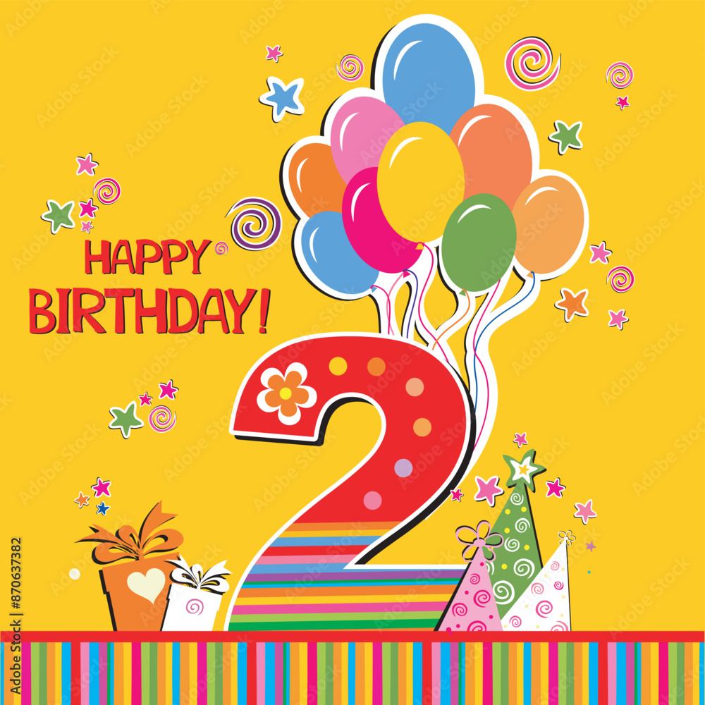 Naklejka premium Happy birthday card. Celebration yellow background with number two, balloon, gift boxes and place for your text. vector illustration 