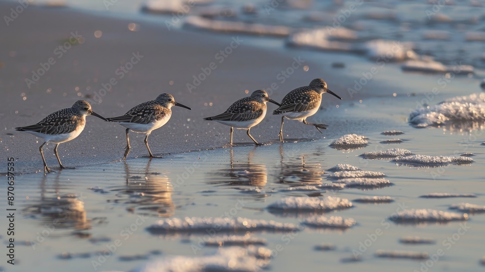 Sandpipers scurry along the water's edge, their delicate footprints leaving traces in the wet sand. Sandpipers scurry along the water's edge, their delicate footprints leaving traces in the wet sand.