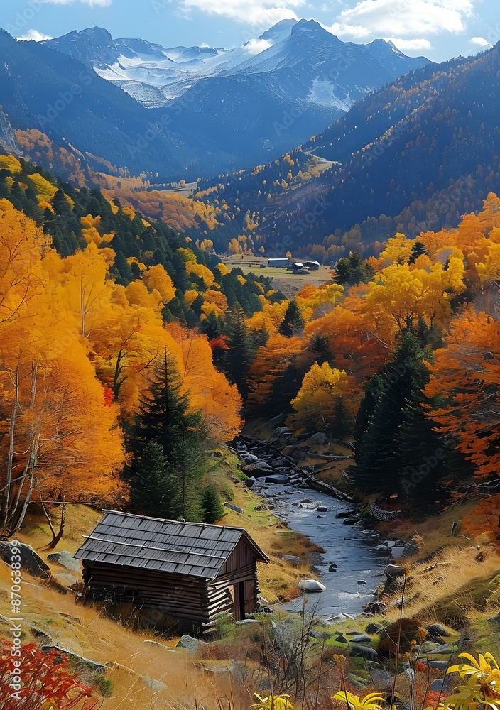 A mountain stream flows through a valley in the fall A mountain stream flows through a valley in the fall