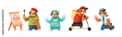 Funny Sloth Mammal Engaged in Different Occupation Wearing Professional Uniform Vector Set
