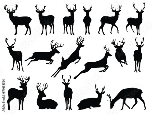 Deer Vector Illustration Set, Black and White Silhouettes. Collection of Different Deer Poses, Perfect for Logo, Design, and More.