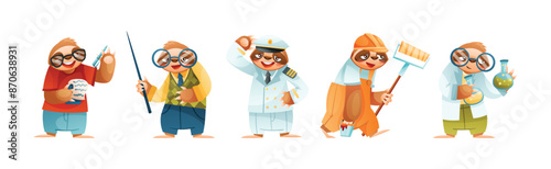 Funny Sloth Mammal Engaged in Different Occupation Wearing Professional Uniform Vector Set