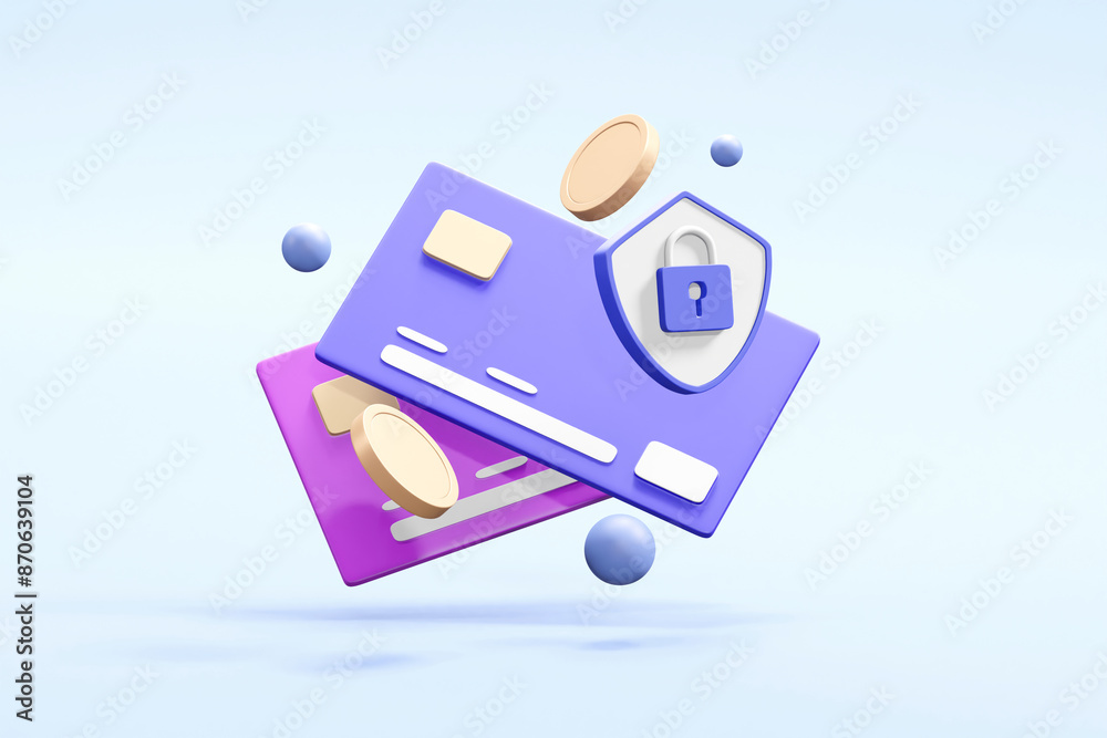 A detailed 3D render emphasizing the security of digital transactions with floating elements of a credit card, coins, shield, and padlock, highlighting the importance of safety and protection in onlin A detailed 3D render emphasizing the security of digital transactions with floating elements of a credit card, coins, shield, and padlock, highlighting the importance of safety and protection in onlin