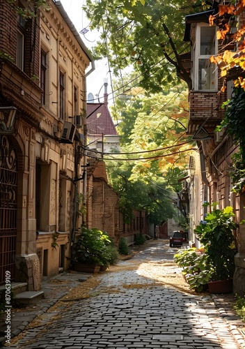 A narrow street with brick buildings and a tree
