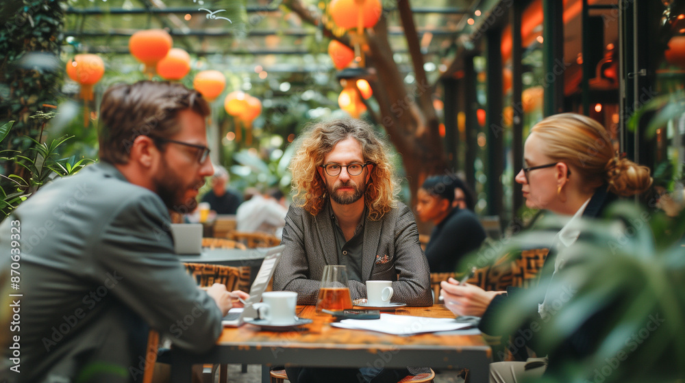 Three people sit at a table in an outdoor cafe, engaged in conversation. Lush greenery and colorful lanterns create a vibrant atmosphere Three people sit at a table in an outdoor cafe, engaged in conversation. Lush greenery and colorful lanterns create a vibrant atmosphere