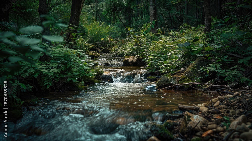 A gentle stream flowing through a dense forest, representing life's journey and persistence. A gentle stream flowing through a dense forest, representing life's journey and persistence.