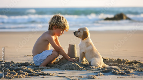 Child building a sandcastle with their puppy sitting beside them on the beach. photo