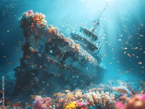 Fototapeta Naklejka Na Ścianę i Meble -  Underwater Ceremony to Create an Artificial Reef from a Decommissioned Ship  Showcasing the Beauty of Ocean and Marine Life