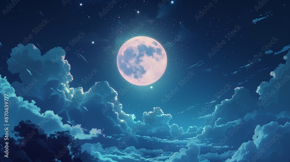 Anime style illustration of full moon and clouds Anime style illustration of full moon and clouds