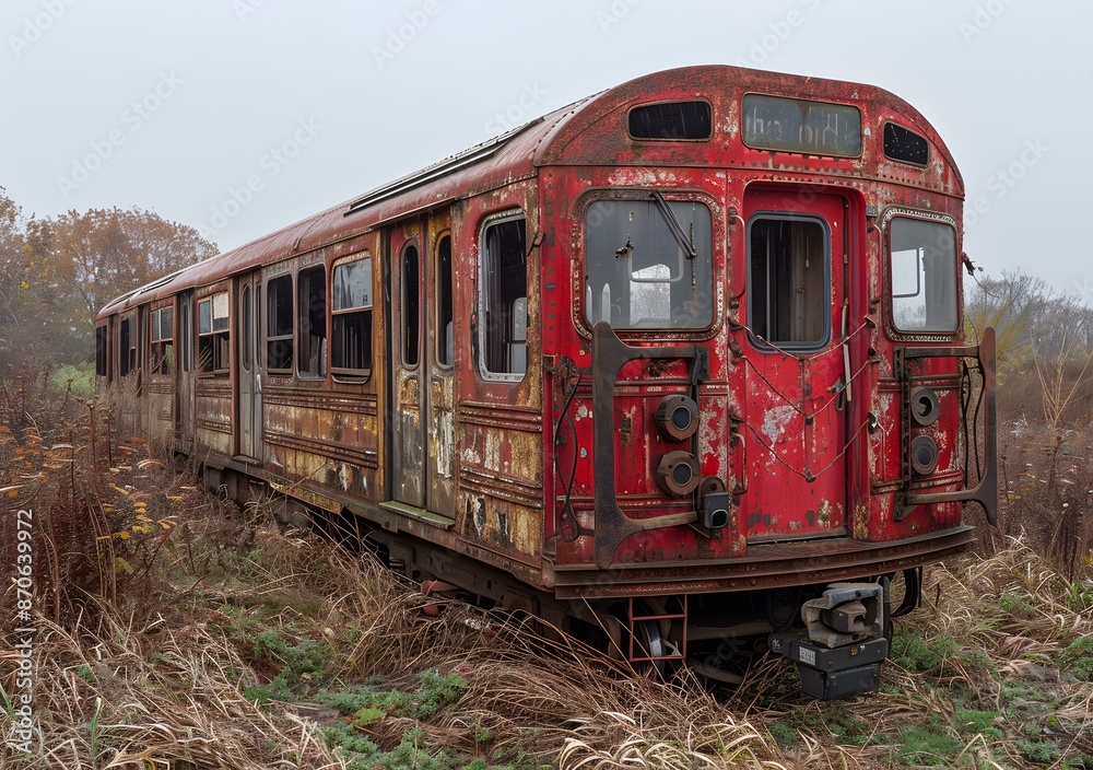 rusty abandoned subway car in a field