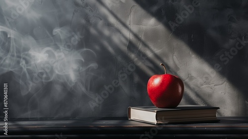 A red apple sitting on top of a stack of books on top of a black table