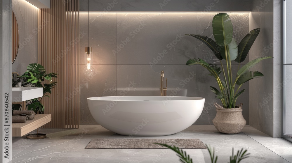 Modern Bathroom With Freestanding Tub and Plants Modern Bathroom With Freestanding Tub and Plants
