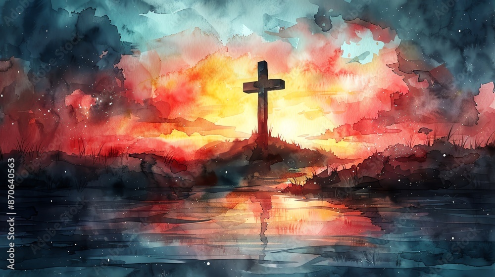 Create a watercolor illustration of a holy cross with significant copy space Create a watercolor illustration of a holy cross with significant copy space