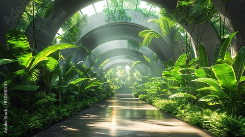 Eco park with banana trees and sustainable tech, large copy space. photo