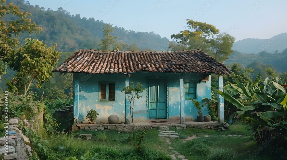 Small blue house in the middle of a lush green jungle Small blue house in the middle of a lush green jungle